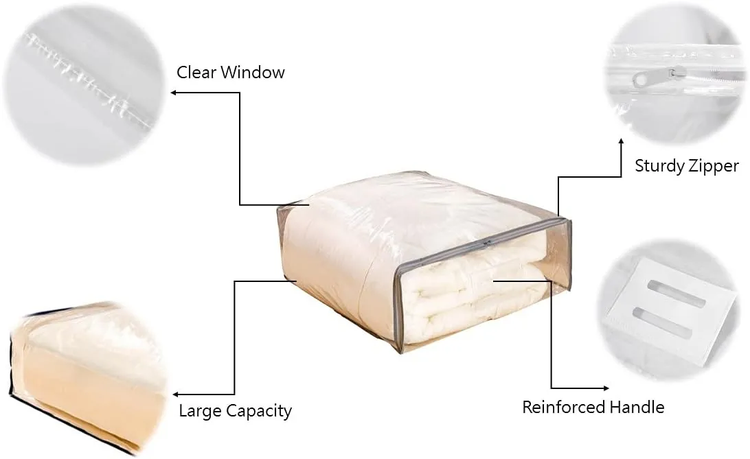 Clear Vinyl Zippered Storage Bags with Handle 24x27x8 Inch Pack of 6 for Blanket, Linen, Sweater, Bed Sheet, Quilt, Clothes, Pillow, Comforter, Foldable