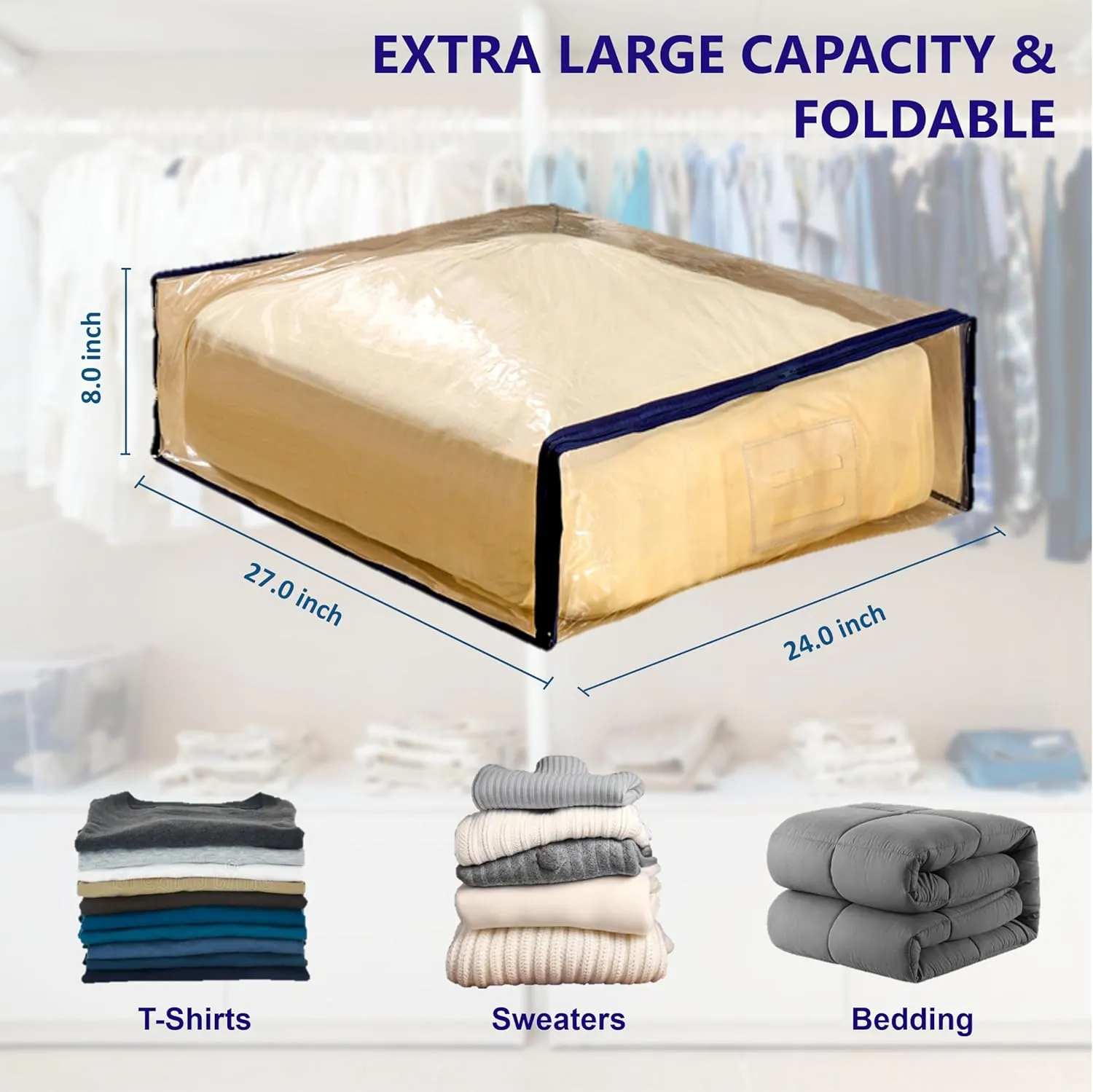 Clear Vinyl Zippered Storage Bags with Handle 24x27x8 Inch Pack of 6 for Blanket, Linen, Sweater, Bed Sheet, Quilt, Clothes, Pillow, Comforter, Foldable