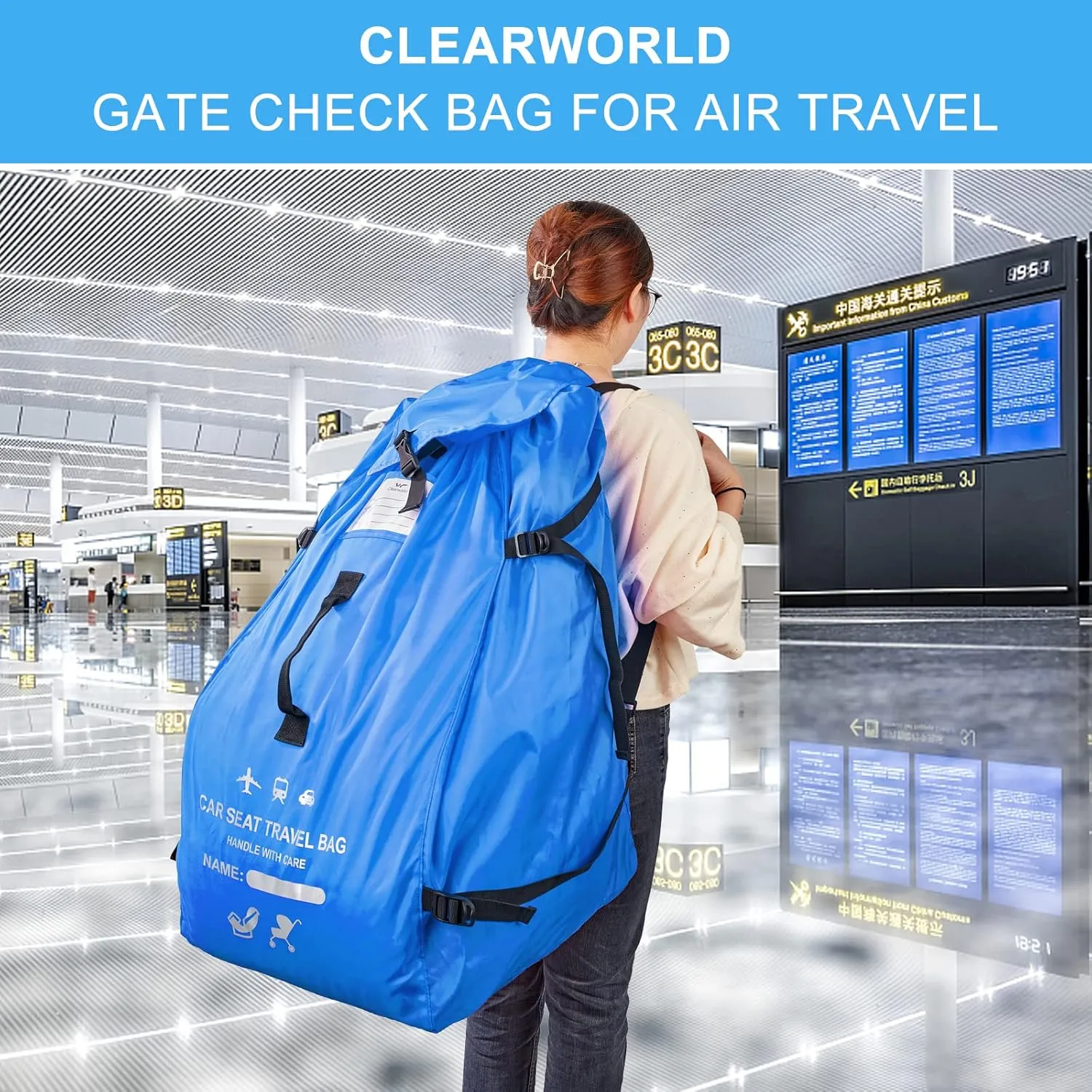 Clearworld Car Seat Travel Bag for Air Travel, Durable Gate Check Bag for Airport,Foldable Baby Stroller Travel Carry Bag, Fits Car Seats, Infant Carriers & Booster,Universal Size(Blue)