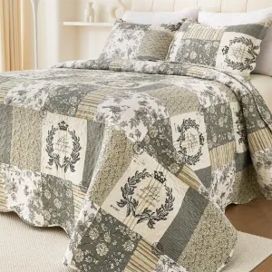 Cmfshape Floral Quilt King,3 Piece Bird Pattern Bedspread Set,Grey Plaid Farmhouse Reversible Bed Quilt for All Season,Country Quilted Blanket(Grey&White,King102 x90)
