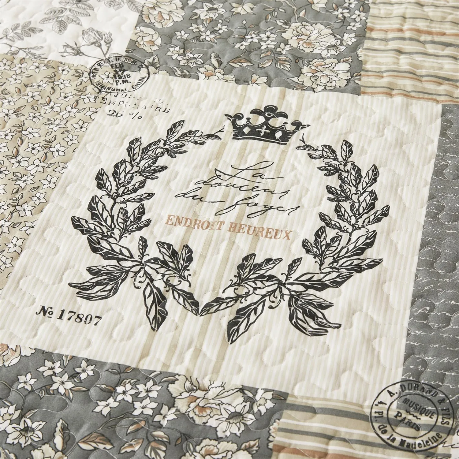 Cmfshape Floral Quilt King,3 Piece Bird Pattern Bedspread Set,Grey Plaid Farmhouse Reversible Bed Quilt for All Season,Country Quilted Blanket(Grey&White,King102 x90)