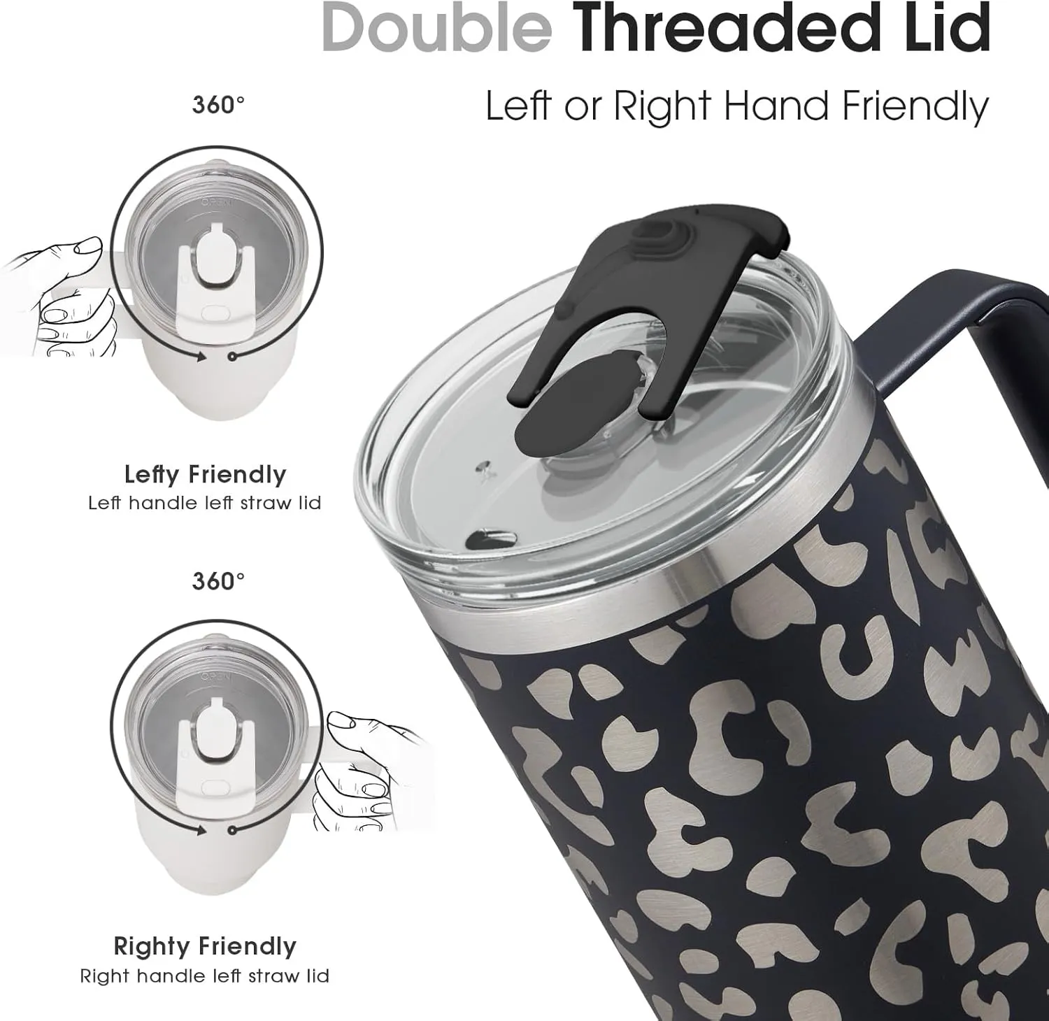 COKTIK 40 oz Tumbler With Handle and Straw Lid, Vacuum Insulated Travel Coffee Mug Stainless Steel Insulated Cup for Beverages, Leak-proof, Cupholder Friendly (Black Leopard)