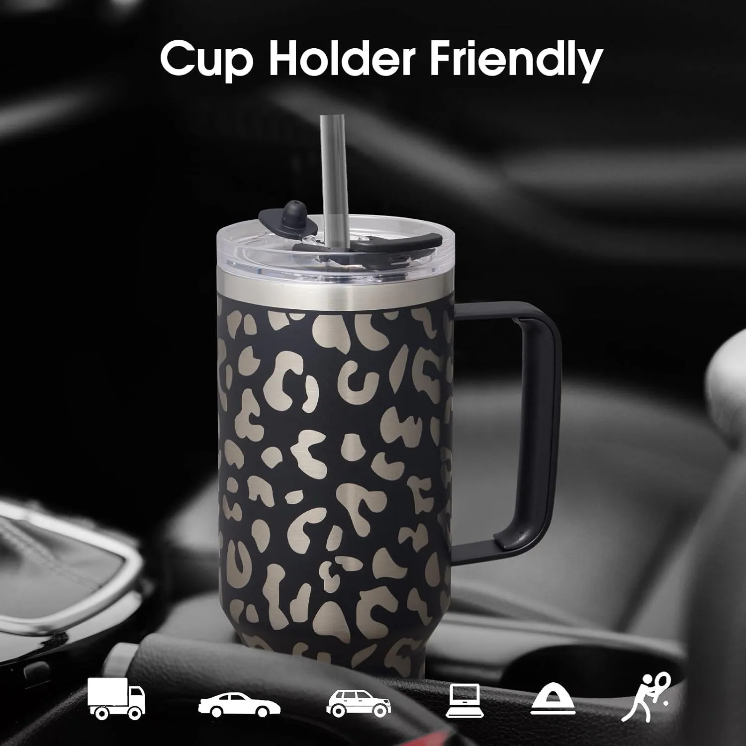 COKTIK 40 oz Tumbler With Handle and Straw Lid, Vacuum Insulated Travel Coffee Mug Stainless Steel Insulated Cup for Beverages, Leak-proof, Cupholder Friendly (Black Leopard)