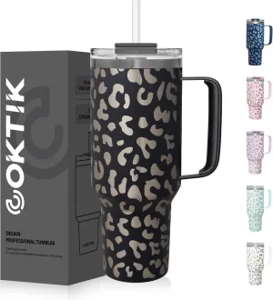 COKTIK 40 oz Tumbler With Handle and Straw Lid, Vacuum Insulated Travel Coffee Mug Stainless Steel Insulated Cup for Beverages, Leak-proof, Cupholder Friendly (Black Leopard)