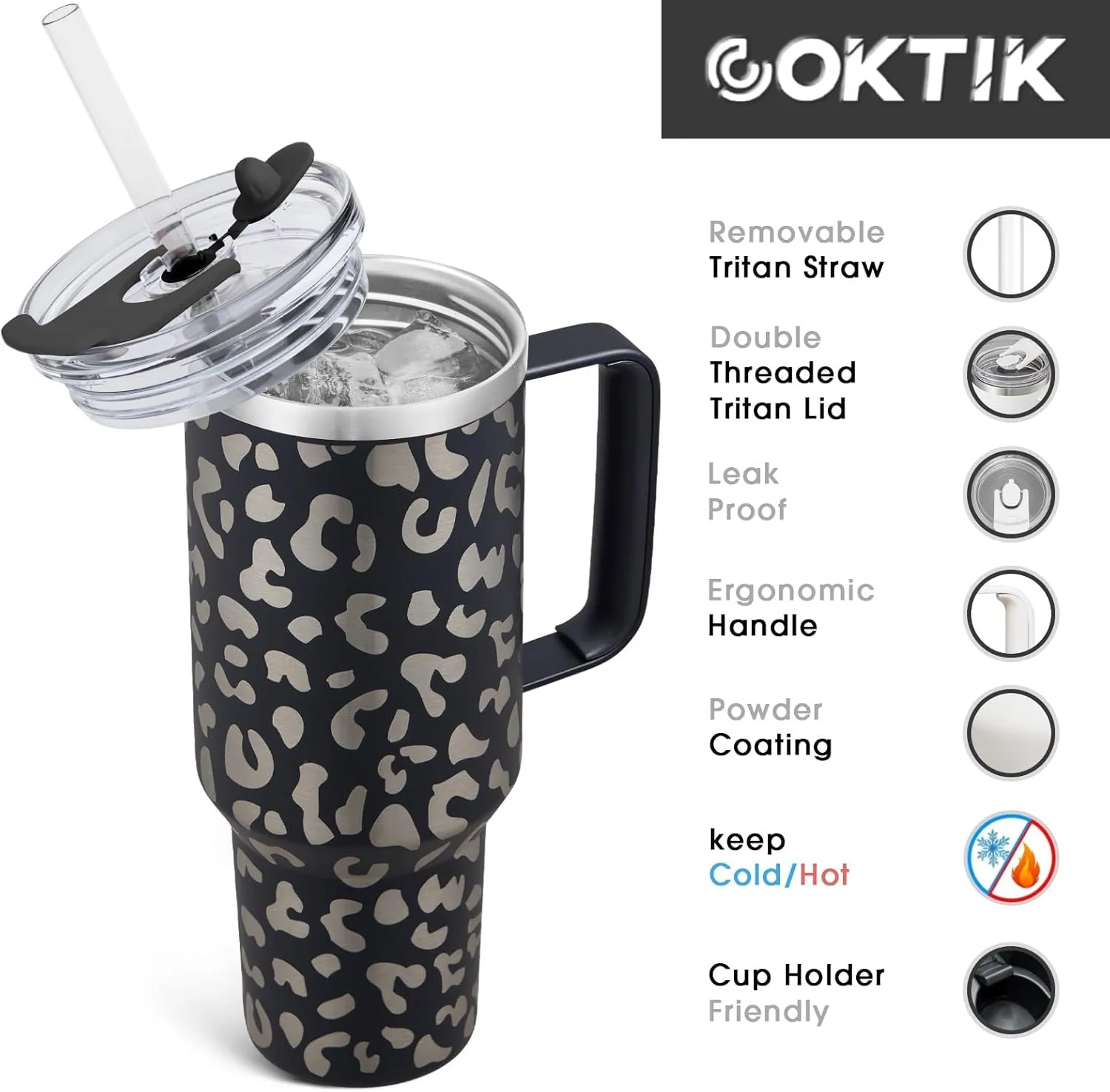 COKTIK 40 oz Tumbler With Handle and Straw Lid, Vacuum Insulated Travel Coffee Mug Stainless Steel Insulated Cup for Beverages, Leak-proof, Cupholder Friendly (Black Leopard)