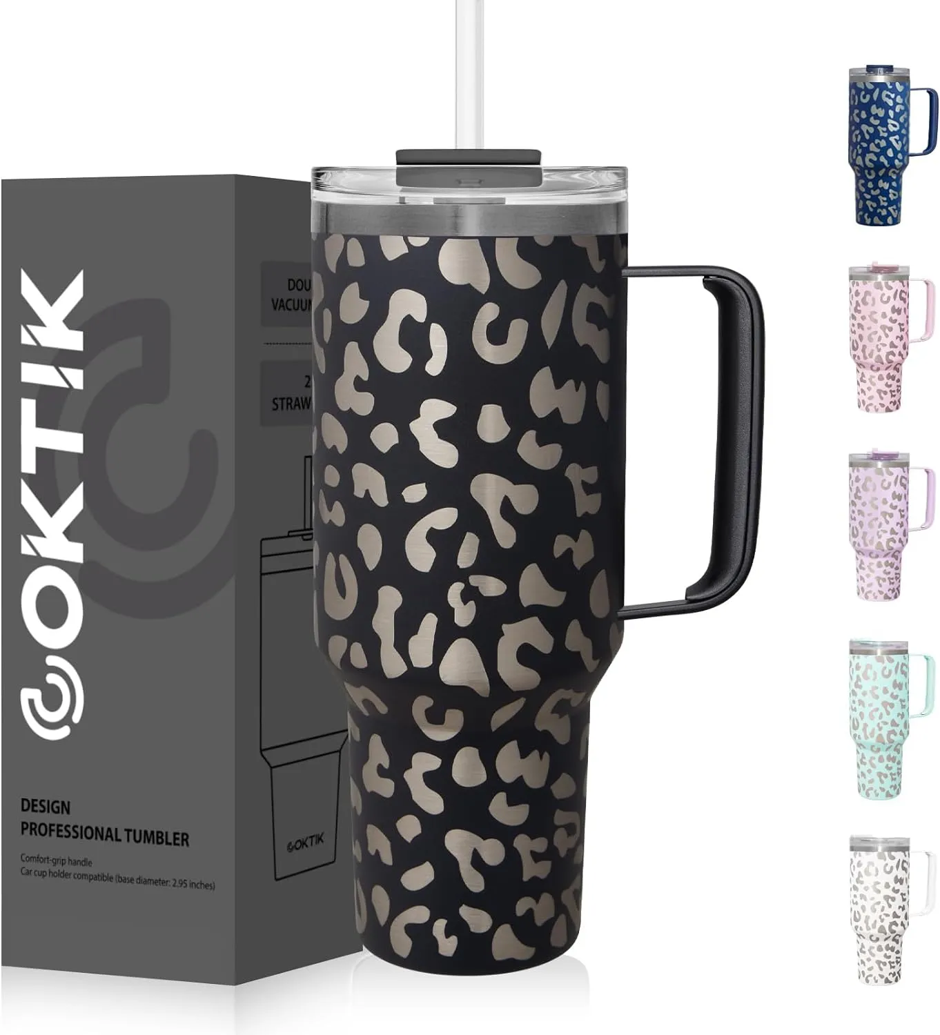 COKTIK 40 oz Tumbler With Handle and Straw Lid, Vacuum Insulated Travel Coffee Mug Stainless Steel Insulated Cup for Beverages, Leak-proof, Cupholder Friendly (Black Leopard)