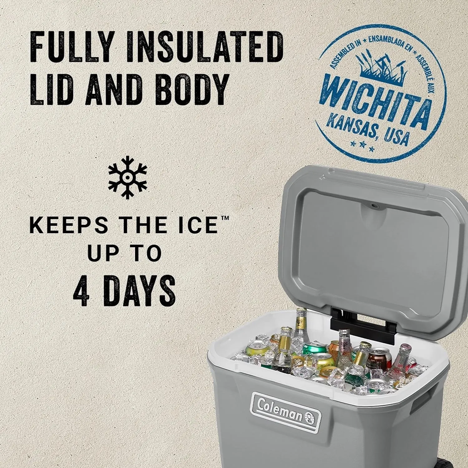 Coleman Classic Series Insulated Portable Wheeled Cooler, Leak-Resistant Outdoor Hard Cooler Keeps Ice up to 5 Days, 65-Quart