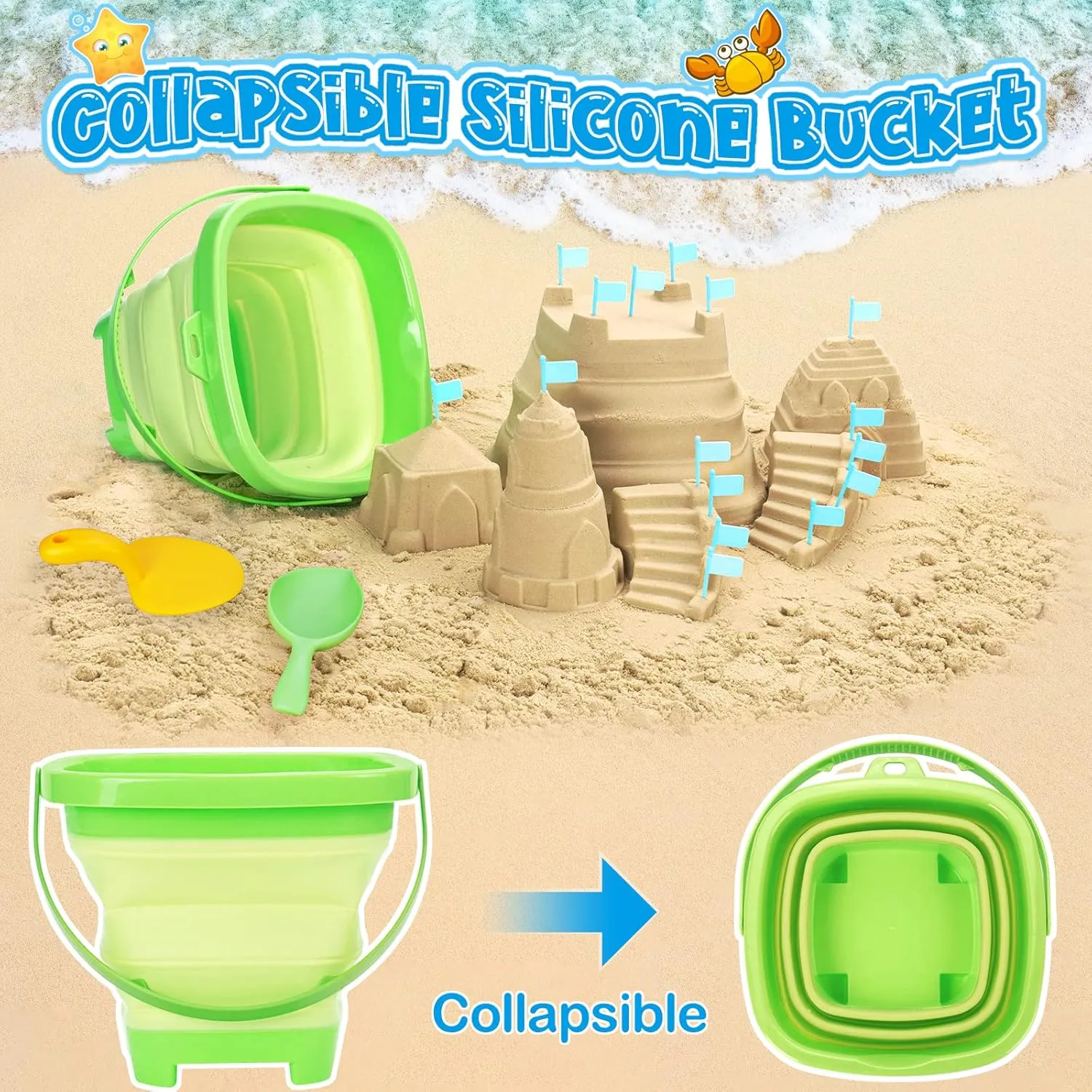Collapsible Beach Toys for Kids, Foldable Sand Bucket and Shovels Set with Mesh Bag, Sand Castle Building Kit, Sandbox Toys, Travel Sand Toys Beach Essentials for Toddlers Age 3-10