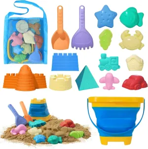 Collapsible Beach Toys Sand Set Collapsible Sand Bucket and Shovels Set with Mesh Bag & Molds Sandbox Toys for Kids Boy Ages 4-8-12 Toddler Beach Essentials Summer Travel Vacation Must Haves (Blue)