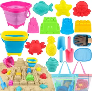 Collapsible Beach Toys Sand Toys for Kids, Sandbox Toys with 2 Collapsible Beach Buckets, Mesh Bags, Sand Molds, Sand Castle Toys for Beach, Travel Beach Toys for Kids 3-10