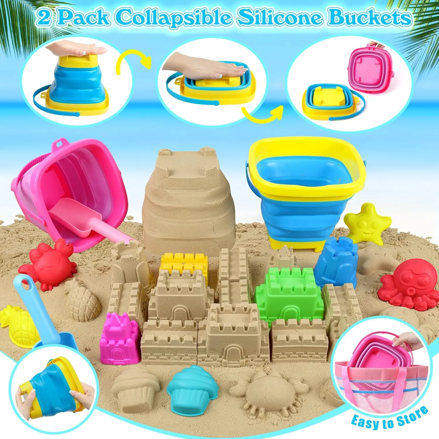 Collapsible Beach Toys Sand Toys for Kids, Sandbox Toys with 2 Collapsible Beach Buckets, Mesh Bags, Sand Molds, Sand Castle Toys for Beach, Travel Beach Toys for Kids 3-10