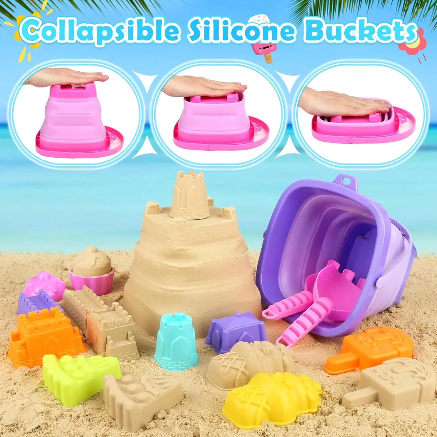 Collapsible Beach Toys Set for Kids 3-10, Collapsible Sand Bucket with Beach Molds and Mesh Bag, 2 Pack Shovels Set Ice Cream Sand Toys for Beach, Sandbox Travel Toys for Kids Toddlers Girls