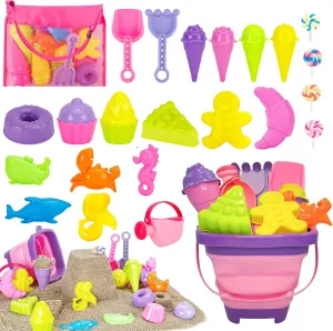 Collapsible Beach Toys Set for Kids Girls Ice Cream Sand Toys Set with Bucket & Shovels Set & Sand Molds and Mesh Bag, Travel Sandbox Toys for Toddlers Age 3-10