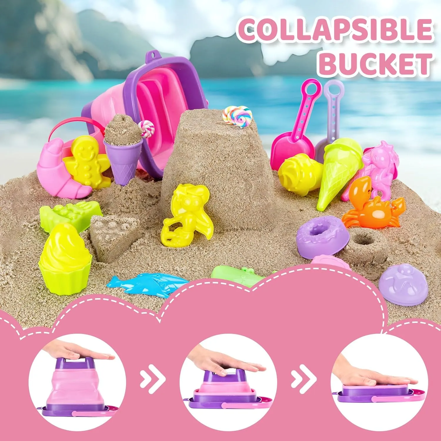 Collapsible Beach Toys Set for Kids Girls Ice Cream Sand Toys Set with Bucket & Shovels Set & Sand Molds and Mesh Bag, Travel Sandbox Toys for Toddlers Age 3-10