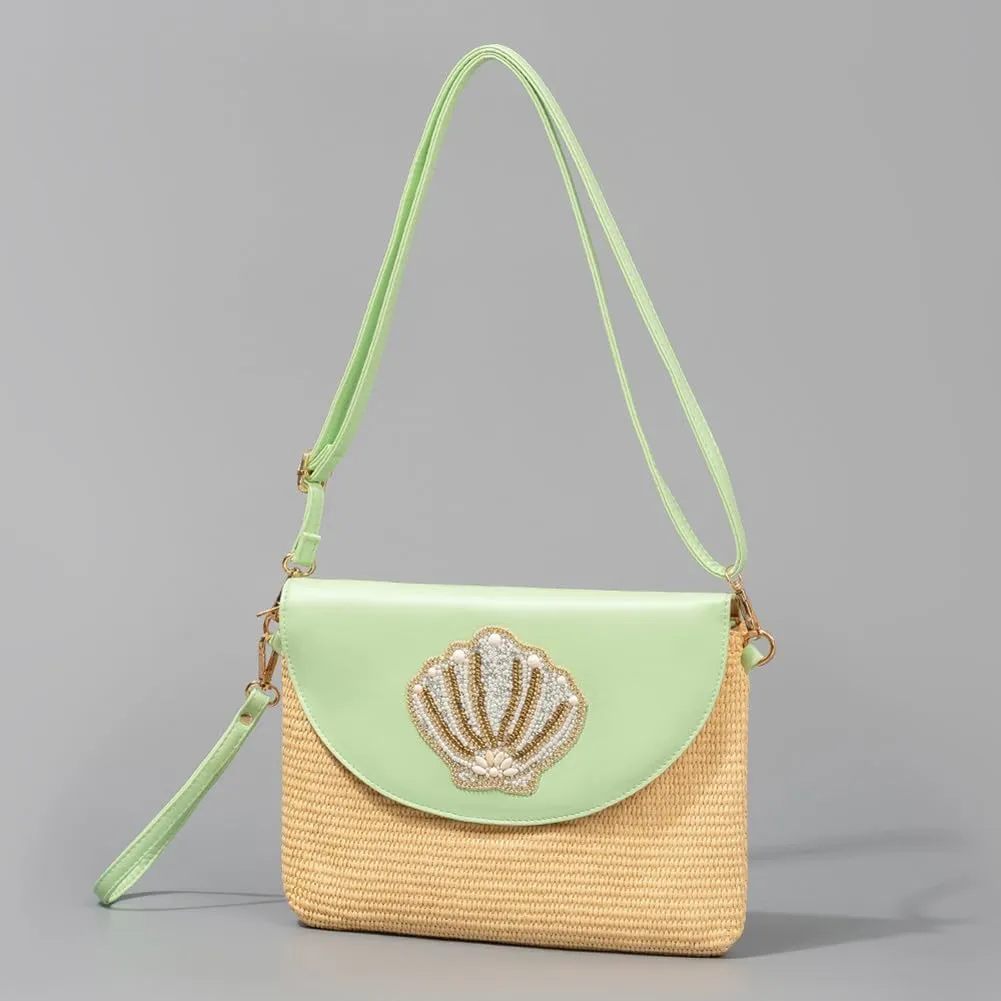 Colorful Embroidered Straw Crossbody Bag, PU Leather Stylish Versatile Evelope Purse, Novelty Beads Pattern Shoulder Tote
