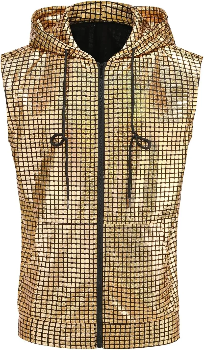 Colorful House Mens Hipster Metallic Zip Up Sleeveless Sequin Hooded Vest Men's 70s Costume T Shirt with Pocket