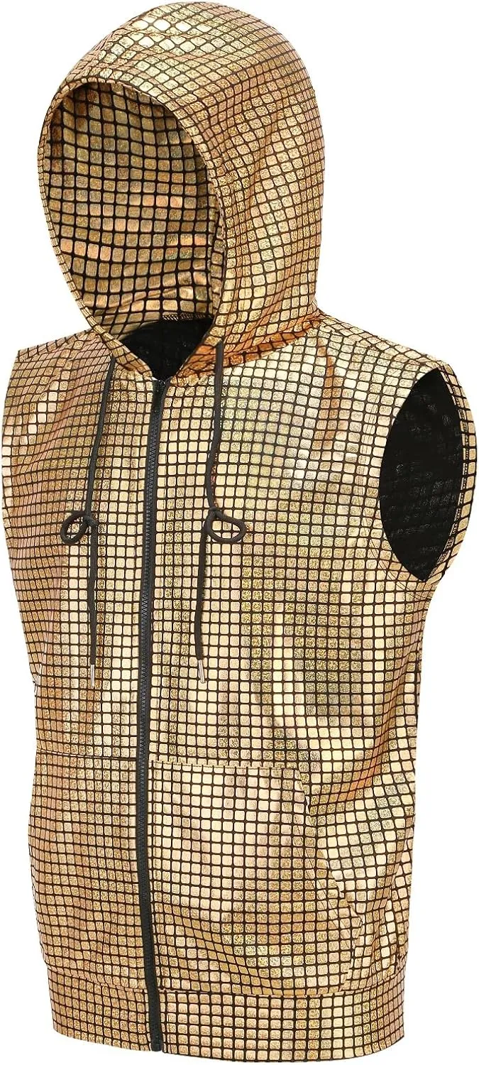 Colorful House Mens Hipster Metallic Zip Up Sleeveless Sequin Hooded Vest Men's 70s Costume T Shirt with Pocket
