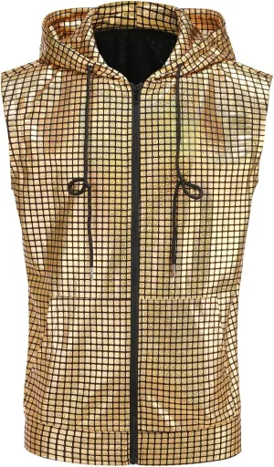 Colorful House Mens Hipster Metallic Zip Up Sleeveless Sequin Hooded Vest Men's 70s Costume T Shirt with Pocket
