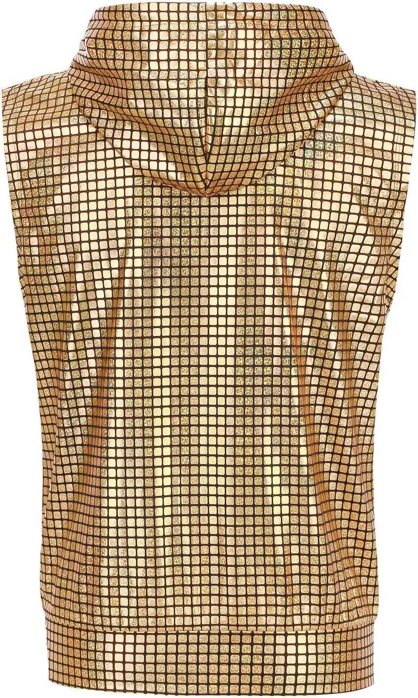 Colorful House Mens Hipster Metallic Zip Up Sleeveless Sequin Hooded Vest Men's 70s Costume T Shirt with Pocket