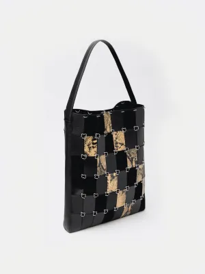 Combined-patchwork leather shopper bag