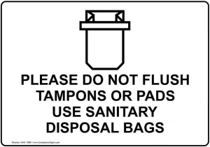 ComplianceSigns.com Please Do Not Flush Tampons Or Pads Use Sanitary Disposal Bags Label Decal, 5x3.5 in. 4-Pack Vinyl for Restrooms