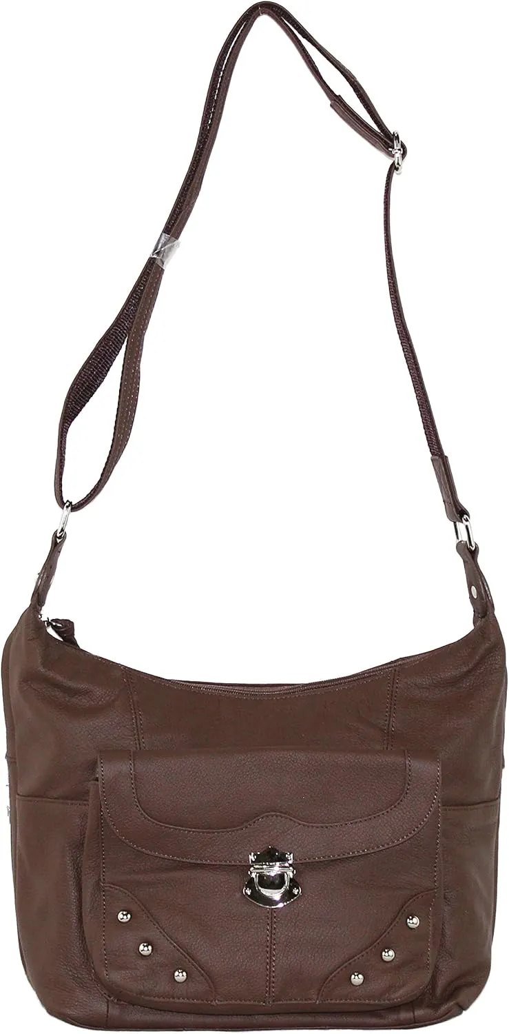 Concealed Carry Purse - Front Studded Pocket Leather Gun Purse - Left & Righthand Draw - CCW - by Roma Leathers (Brown)
