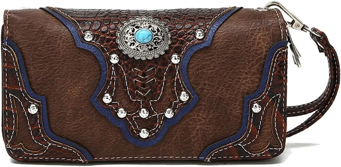 Conchos Studded Crocodile Laser Cut Cowgirl Western Purse Women Wristlet Wallet