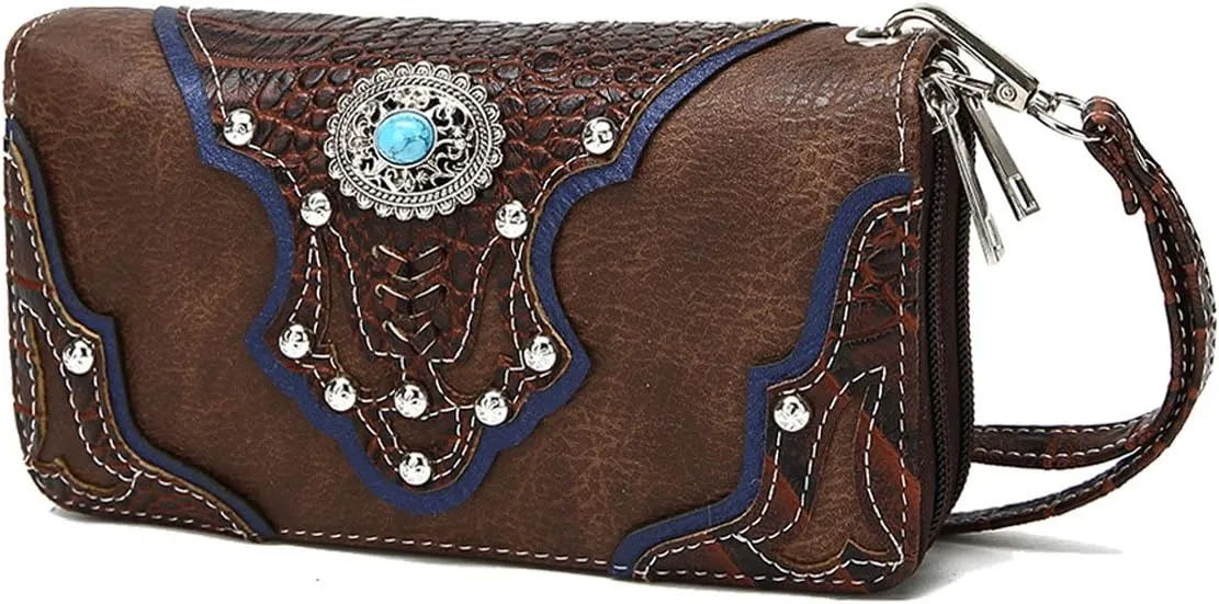 Conchos Studded Crocodile Laser Cut Cowgirl Western Purse Women Wristlet Wallet