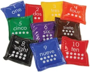 Constructive Playthings Learning with Set of Ten 4 1/2" sq. Number Vinyl Bean Bags with English On One Side and Spanish On The Other for All Ages