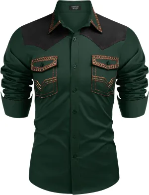 COOFANDY Men's Western Cowboy Shirt Embroidered Long Sleeve Slim Fit Casual Cotton Button Down Hippie Shirts with Pockets