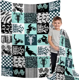 Cool Dirt Bike Blanket, Extreme Sport Motorcycle Gift for Kid Boy Men, Racing Themed Patchwork Grid Motocross Rider Plaid With Motorcycle Silhouette, 50''x 60'' for Teen