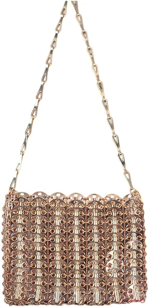 Cool Women Metallic Sequin Shoulder Bag Sparkly Evening Clutch Acrylic Handbag Hardware Chain for Prom Cocktail Party