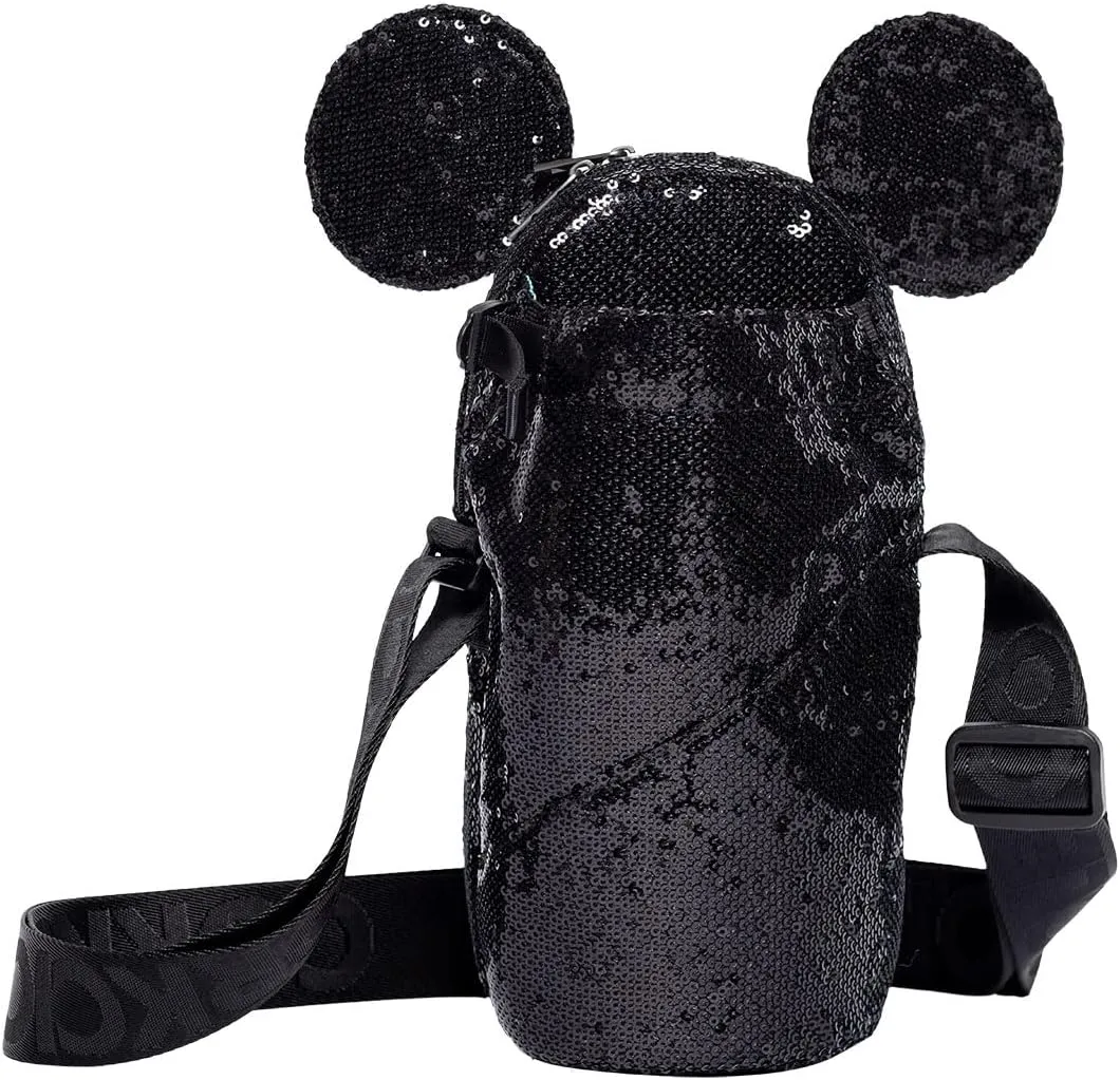 Corkcicle x Disney Minnie Mickey Mouse Ears Crossbody Water Bottle Sling Bag, Black Sequin, Fits 16-40 oz Tumbler – Secure Items in Water Bottle Holder with Strap