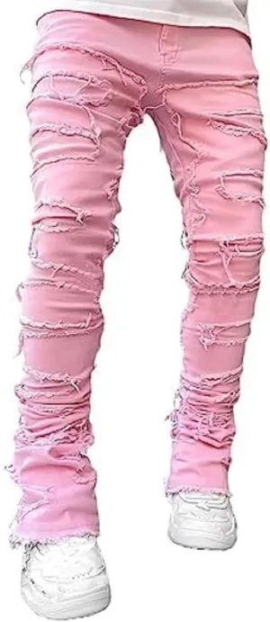CosTribe Men's Stacked Jeans Slim Fit Ripped Jeans Destroyed Straight Denim Pants Harajuku Hip Hop Trouser Streetwear