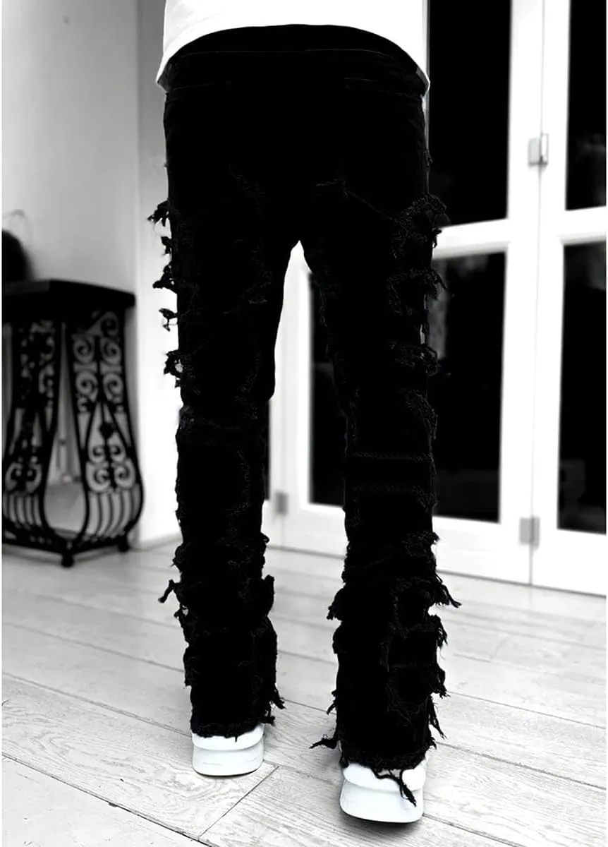 CosTribe Men's Stacked Jeans Slim Fit Ripped Jeans Destroyed Straight Denim Pants Harajuku Hip Hop Trouser Streetwear