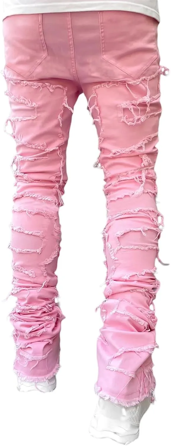 CosTribe Men's Stacked Jeans Slim Fit Ripped Jeans Destroyed Straight Denim Pants Harajuku Hip Hop Trouser Streetwear