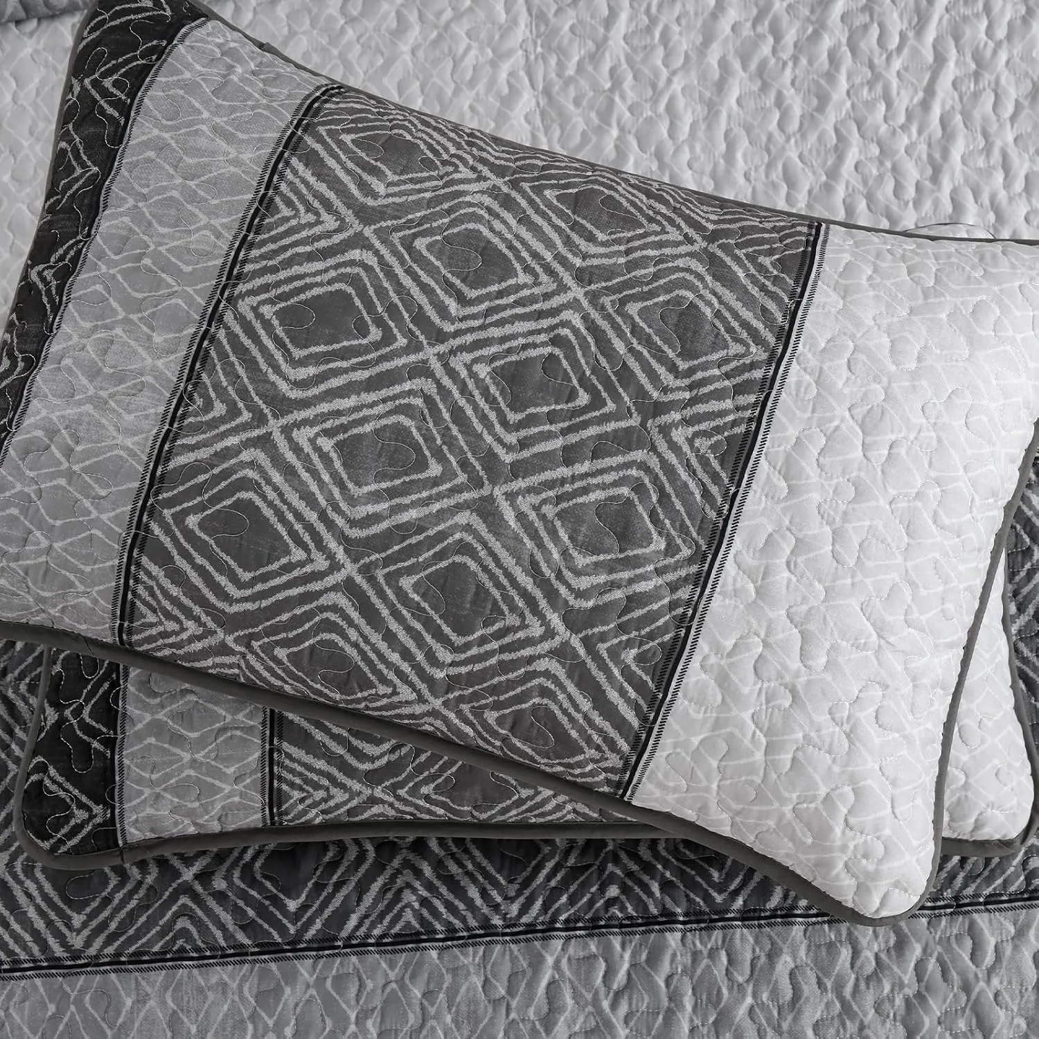 Cottolester Boho Quilt Set California King Size 3 Pieces,Grey Striped Plaid Bedspread,Soft Microfiber Bedding Set with 2 Pillow Shams 112"x96"