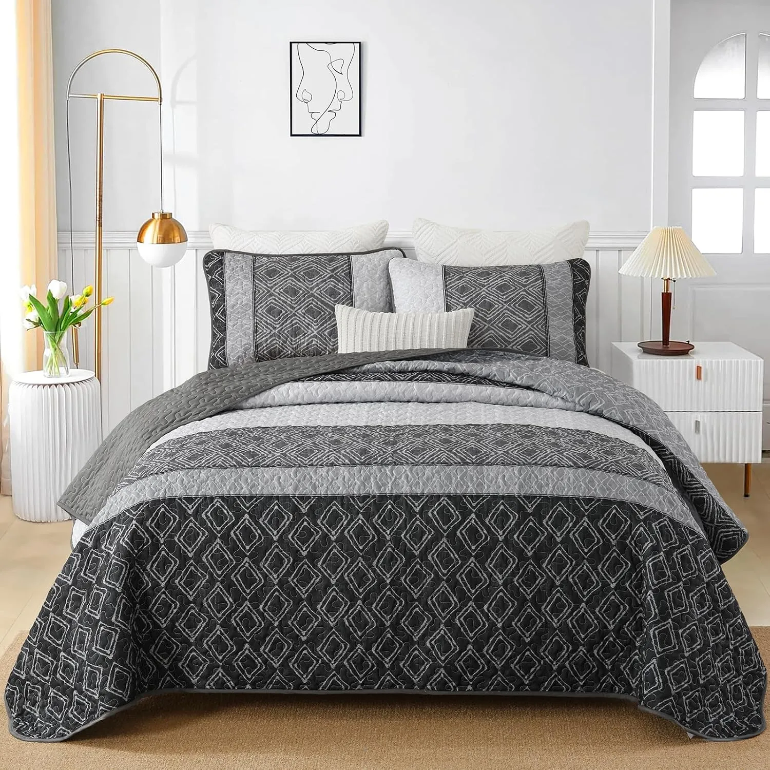Cottolester Boho Quilt Set California King Size 3 Pieces,Grey Striped Plaid Bedspread,Soft Microfiber Bedding Set with 2 Pillow Shams 112"x96"