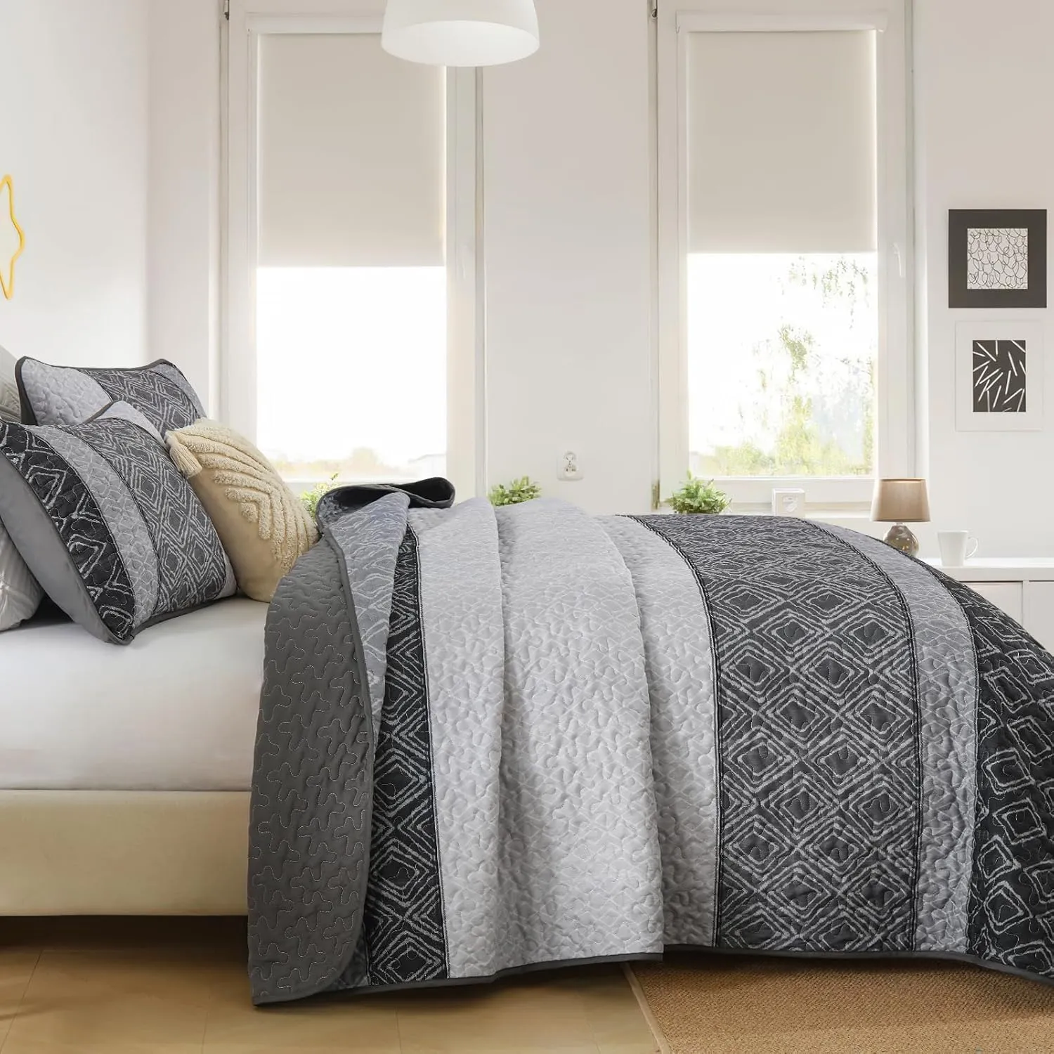 Cottolester Boho Quilt Set California King Size 3 Pieces,Grey Striped Plaid Bedspread,Soft Microfiber Bedding Set with 2 Pillow Shams 112"x96"