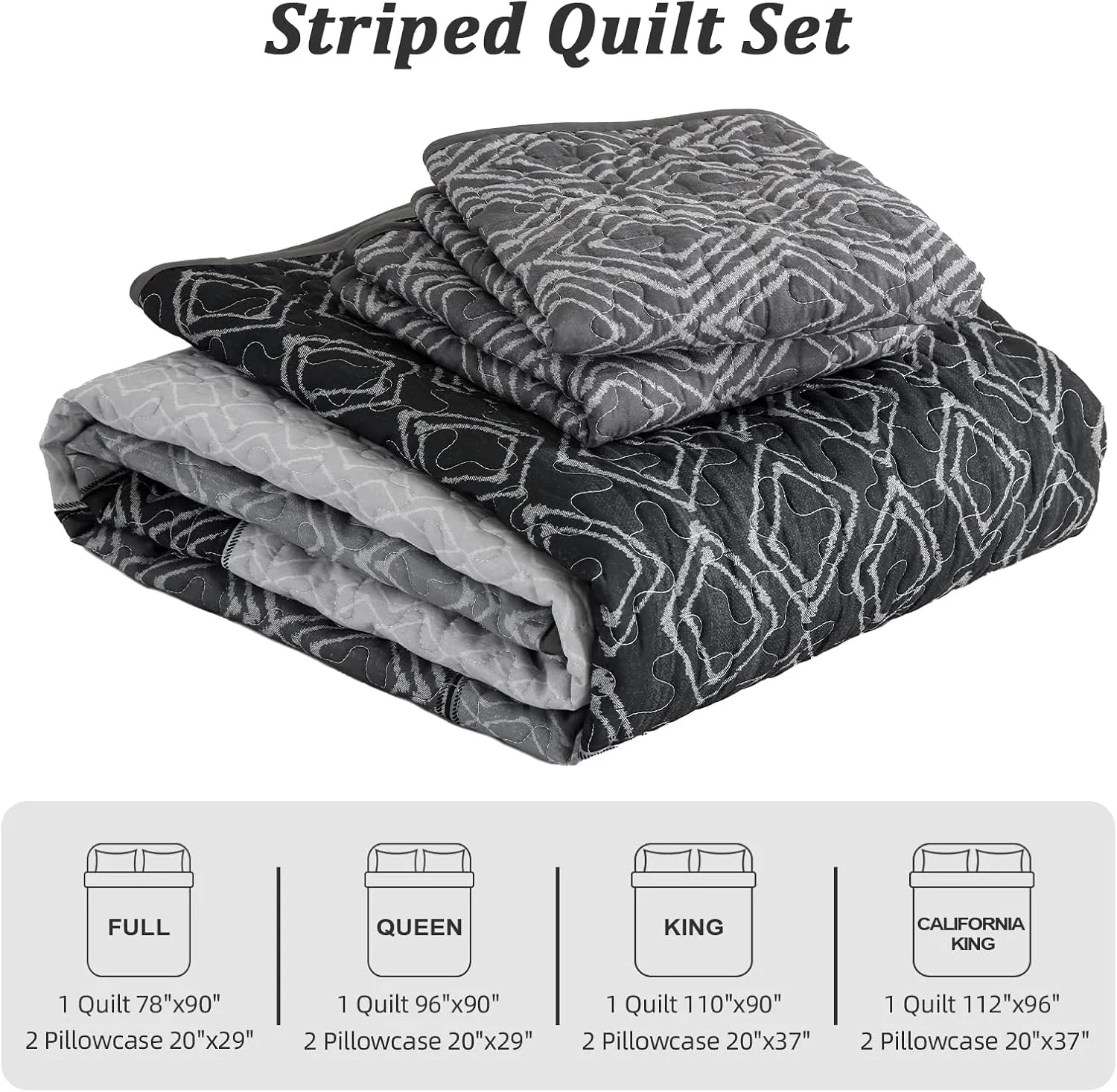 Cottolester Boho Quilt Set California King Size 3 Pieces,Grey Striped Plaid Bedspread,Soft Microfiber Bedding Set with 2 Pillow Shams 112"x96"