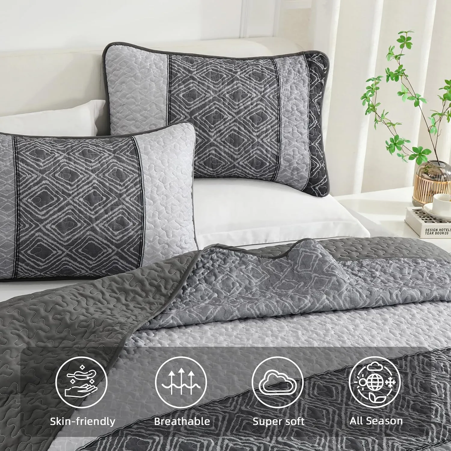 Cottolester Boho Quilt Set California King Size 3 Pieces,Grey Striped Plaid Bedspread,Soft Microfiber Bedding Set with 2 Pillow Shams 112"x96"