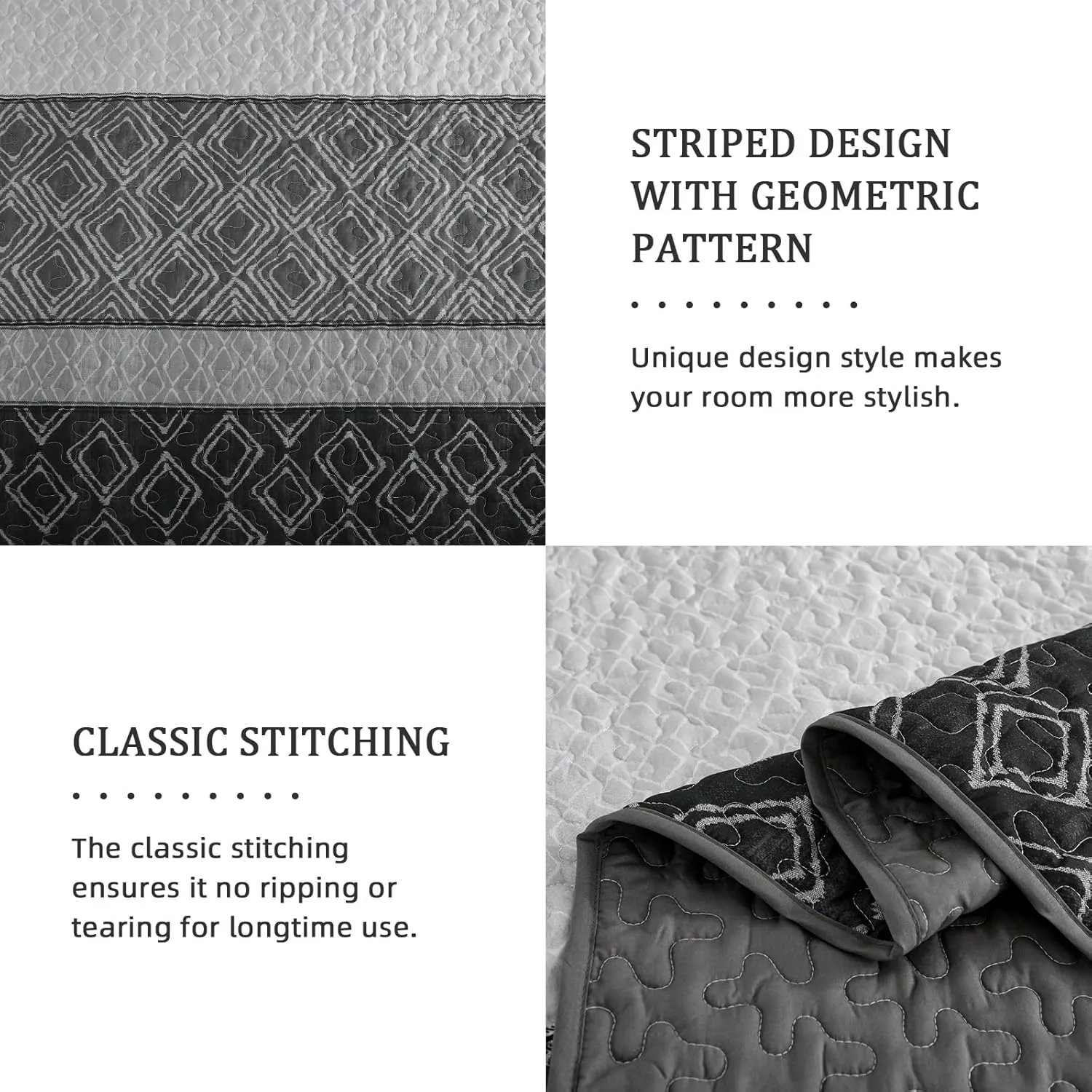 Cottolester Boho Quilt Set California King Size 3 Pieces,Grey Striped Plaid Bedspread,Soft Microfiber Bedding Set with 2 Pillow Shams 112"x96"
