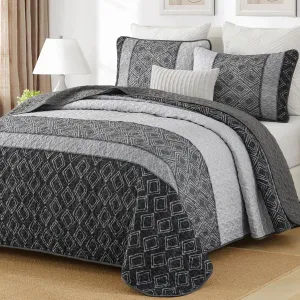 Cottolester Boho Quilt Set California King Size 3 Pieces,Grey Striped Plaid Bedspread,Soft Microfiber Bedding Set with 2 Pillow Shams 112"x96"