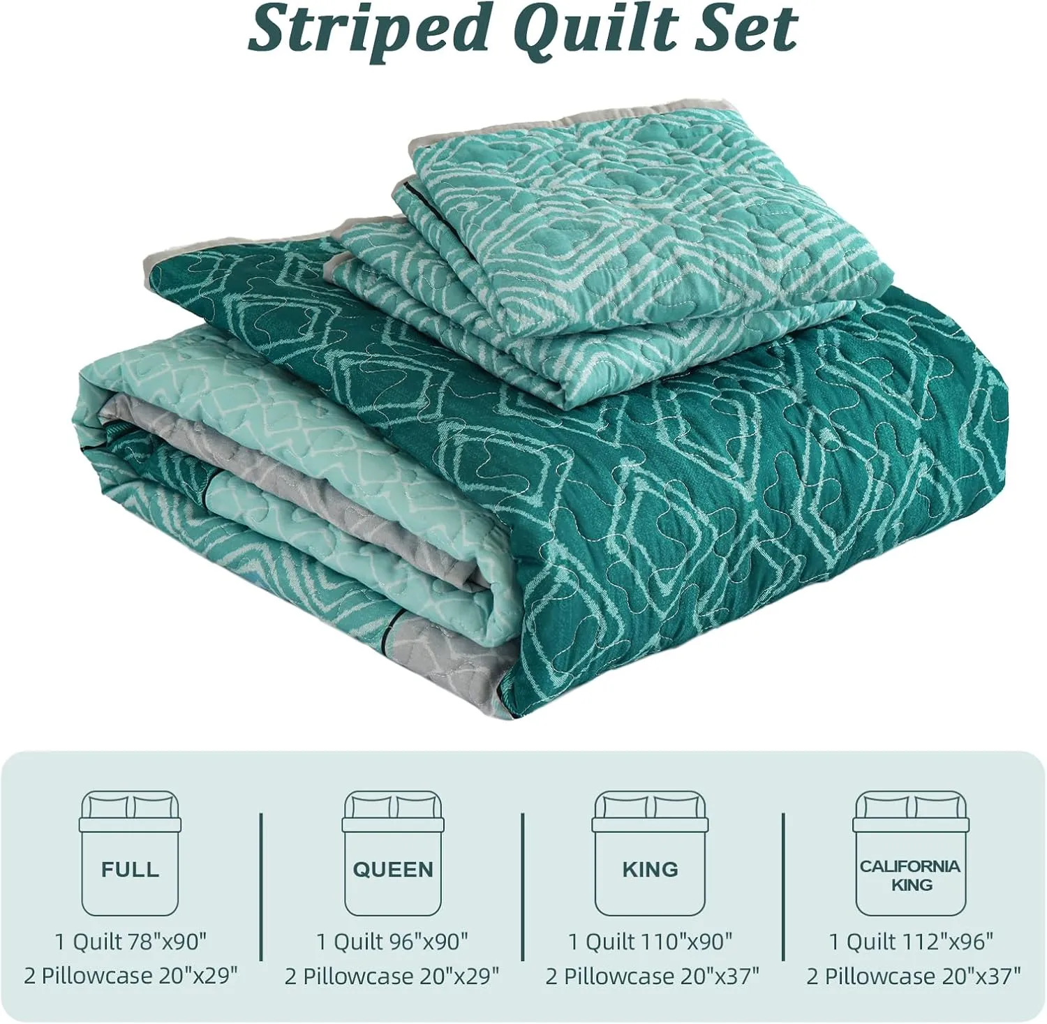 Cottolester Boho Quilt Set California King Size 3 Pieces,Teal Striped Plaid Bedspread,Soft Microfiber Bedding Set with 2 Pillow Shams 112"x96"