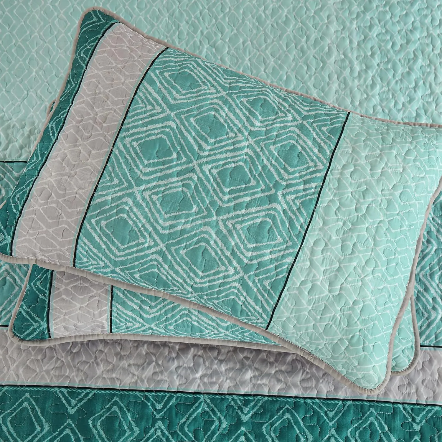 Cottolester Boho Quilt Set California King Size 3 Pieces,Teal Striped Plaid Bedspread,Soft Microfiber Bedding Set with 2 Pillow Shams 112"x96"