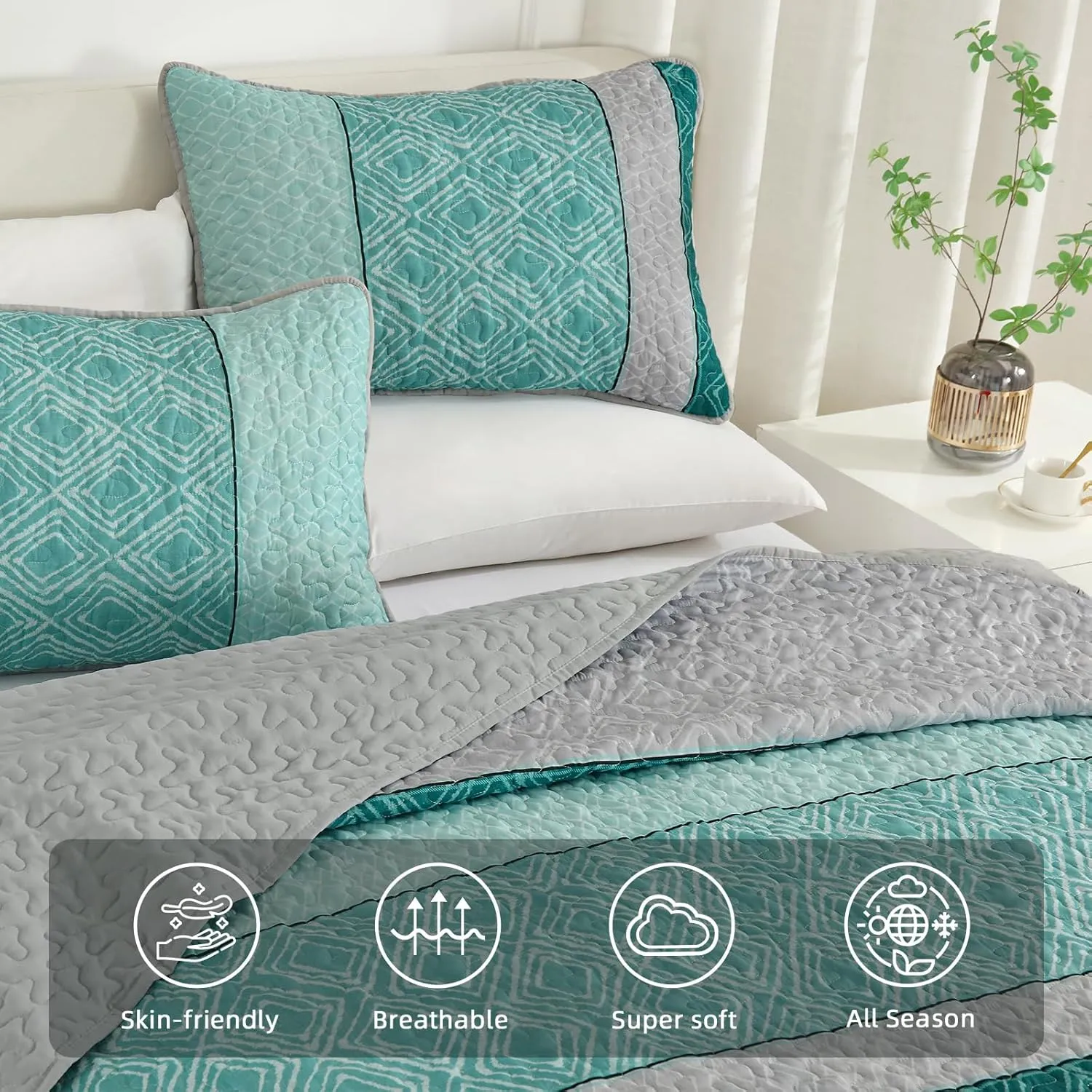 Cottolester Boho Quilt Set California King Size 3 Pieces,Teal Striped Plaid Bedspread,Soft Microfiber Bedding Set with 2 Pillow Shams 112"x96"