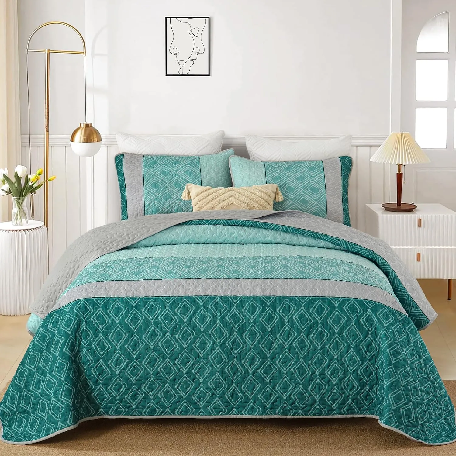 Cottolester Boho Quilt Set California King Size 3 Pieces,Teal Striped Plaid Bedspread,Soft Microfiber Bedding Set with 2 Pillow Shams 112"x96"