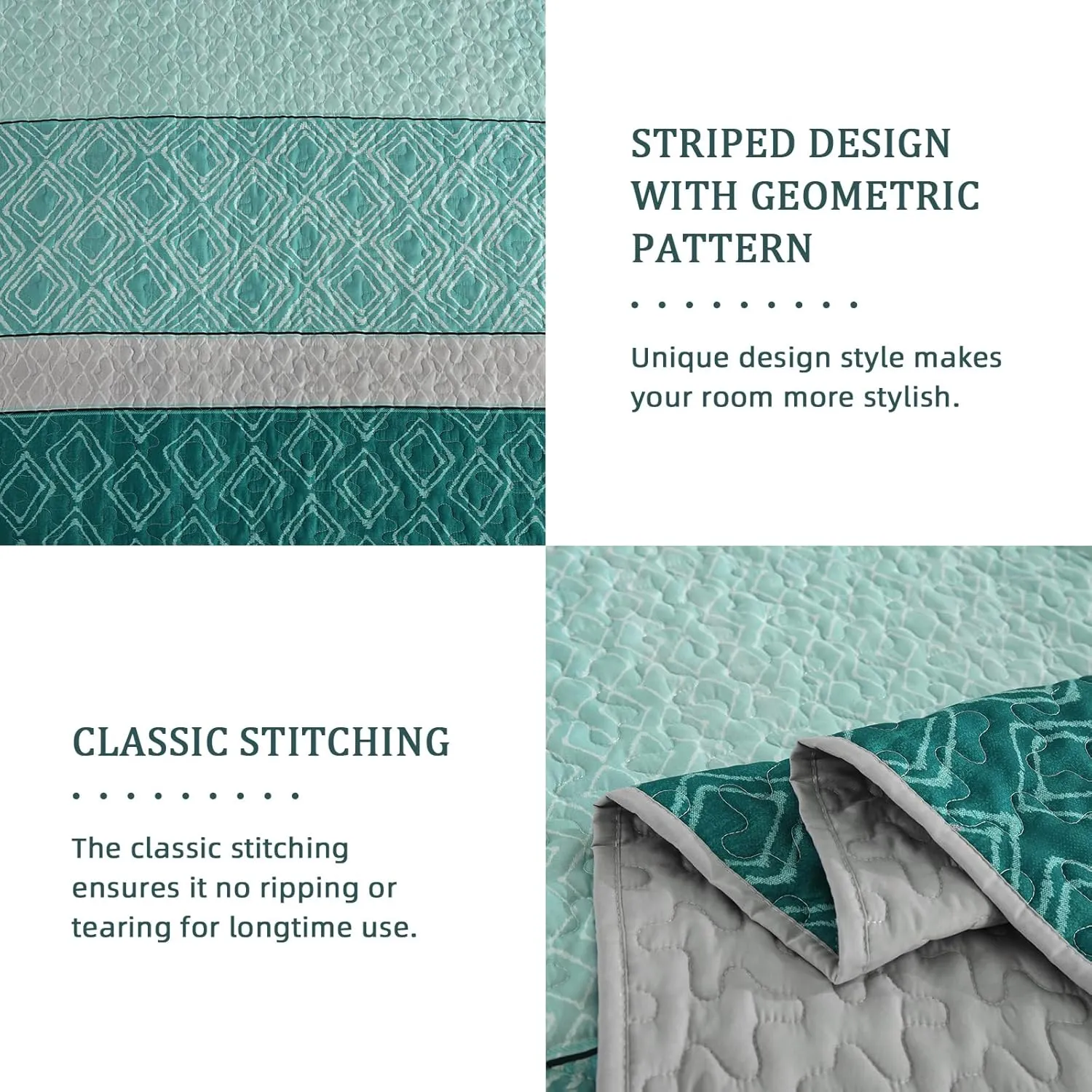 Cottolester Boho Quilt Set California King Size 3 Pieces,Teal Striped Plaid Bedspread,Soft Microfiber Bedding Set with 2 Pillow Shams 112"x96"