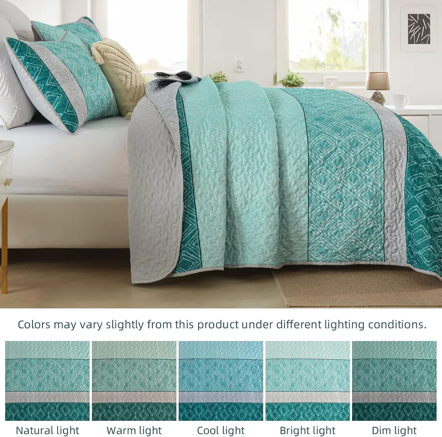 Cottolester Boho Quilt Set California King Size 3 Pieces,Teal Striped Plaid Bedspread,Soft Microfiber Bedding Set with 2 Pillow Shams 112"x96"