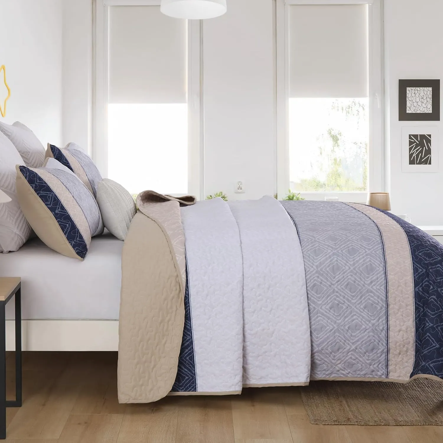 Cottolester Boho Quilt Set Queen Size 3 Pieces,Khaki and Navy Blue Striped Bedspread Coverlet Set,Bohemian Bedding Set Soft Microfiber Bedding Set for All Season 96"x90"